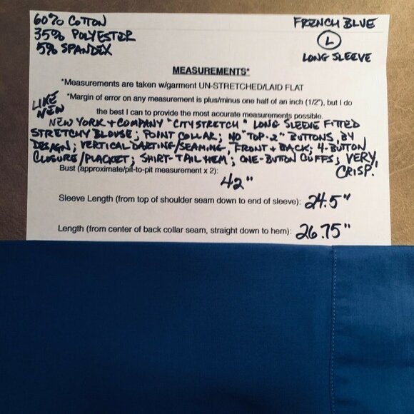 NEW YORK & COMPANY City Stretch Fitted Blouse, FRENCH BLUE, Pre-owned, Size L - Picture 7 of 7